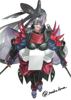 1girl absurdres armor black_hair black_hat blindfold breasts dual_wielding fate/grand_order fate_(series) grin hair_bun hat highres holding japanese_armor katana kote large_breasts long_hair long_sleeves pants parted_bangs purple_lips sash shoulder_armor side_ponytail sidelocks single_side_bun smile sode solo suneate sword taira_no_kagekiyo_(fate) taira_no_kagekiyo_(second_ascension)_(fate) tonko_from ushiwakamaru_(fate) weapon white_pants