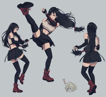 1boy 1girl 234_(1234!) arm_guards bare_shoulders bike_shorts black_gloves black_hair black_shorts black_skirt black_sports_bra black_thighhighs blonde_hair blush boots bracelet breasts chibi chibi_inset cloud_strife commentary_request crop_top cropped_head cross-laced_footwear earrings elbow_gloves fighting_stance final_fantasy final_fantasy_vii final_fantasy_vii_rebirth final_fantasy_vii_remake fingerless_gloves from_behind full_body gloves grey_background heart high_kick highres jewelry kicking legs_apart long_hair low-tied_long_hair materia medium_breasts midriff miniskirt multiple_views navel red_eyes red_footwear roundhouse_kick sequential shorts shorts_under_skirt simple_background skirt solo_focus spiked_hair sports_bra standing standing_on_one_leg straight_hair suspender_skirt suspenders tank_top thighhighs thighs tifa_lockhart toned toned_female upskirt white_tank_top zettai_ryouiki