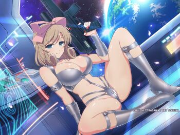 1girl arm_guards armband belt belt_buckle blonde_hair blush boots bow breasts buckle choker cleavage computer_keyboard cosplay crossover curly_hair earth_(planet) energy_gun falling_petals green_eyes grey_belt groin gun hair_bow half-closed_eyes haruka_(senran_kagura) high_heels holding holding_gun holding_weapon hologram holographic_interface holographic_monitor in_orbit jane_royal jane_royal_(cosplay) knee_boots large_breasts looking_at_viewer machine navel official_alternate_costume official_art on_floor petals pink_bow planet red_nails revealing_clothes science_fiction senran_kagura senran_kagura_new_link senran_kagura_shoujo-tachi_no_shin'ei shiny_skin short_hair silver_boots silver_choker sitting sky smile solo space space_adventure_cobra spacecraft spacecraft_interior spread_legs star_(sky) starry_sky swimsuit switch vehicle_interior weapon window yaegashi_nan