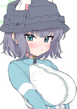 Rule 34 | 1girl, :t, aqua eyes, black hair, black hat, blue archive, blush, breasts, bucket hat, green halo, halo, hashtag-only commentary, hat, highres, large breasts, long sleeves, looking at viewer, metaljelly, pout, rash guard, saki (blue archive), saki (swimsuit) (blue archive), short hair, simple background, solo, upper body, white background