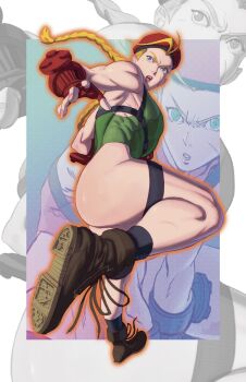 1girl acecore2k ass beret black_socks blonde_hair blue_eyes boots braid breasts brown_boots cammy_white combat_boots commentary curvy english_commentary facial_scar fingerless_gloves gloves green_leotard harness hat highleg highleg_leotard highres huge_ass leotard looking_back looking_up medium_breasts open_mouth pinup_(style) red_gloves red_hat scar scar_on_cheek scar_on_face socks solo street_fighter thigh_strap toned toned_female wide_hips zoom_layer