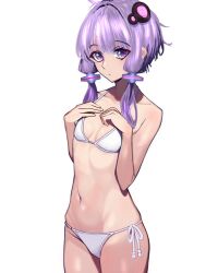 Rule 34 | 1girl, bikini, breasts, hair ornament, hands on own chest, kisaragi shokuin, looking at viewer, purple eyes, purple hair, short hair, short hair with long locks, side-tie bikini bottom, sidelocks, simple background, small breasts, solo, swimsuit, voiceroid, white background, white bikini, yuzuki yukari