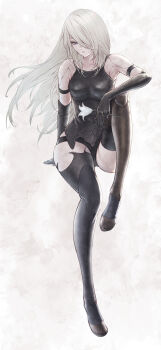 1girl a2_(nier:automata) absurdres android arm_support armpit_peek bare_shoulders black_gloves black_tank_top black_thighhighs blue_eyes breasts closed_mouth collarbone commentary elbow_gloves flower full_body gloves grey_hair hair_over_one_eye highres holding holding_flower invisible_chair joints knee_up lipgloss long_hair medium_breasts mole mole_under_mouth nier:automata nier_(series) robot_joints see-through_clothes see-through_footwear sitting solo tank_top thighhighs tomozoo83 white_flower