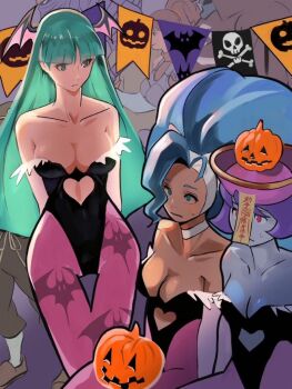 3girls animal_ears animal_print bat_print bat_wings big_hair blue_eyes blue_hair breasts bridal_gauntlets capcom cat_ears cat_girl claws clothing_cutout cosplay cutout_above_navel darkstalkers feather-trimmed_leotard felicia_(darkstalkers) fur-trimmed_leotard fur_trim green_hair head_wings heart_cutout highleg highleg_leotard hsien-ko large_breasts leotard long_hair meke_(77842928) morrigan_aensland morrigan_aensland_(cosplay) multiple_girls off-shoulder_leotard pantyhose print_pantyhose purple_pantyhose purple_wings wings zombie
