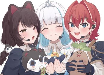3girls :3 :d ^_^ aiguillette ange_katrina animal animal_ears animal_hair_ornament banken_(inui_toko) bird blue_bow blue_bowtie blue_cape blue_eyes blue_gloves blue_hair blue_shirt blue_suit blush bow bowtie braid brown_hair cape closed_eyes closed_mouth clothed_animal collared_shirt colored_inner_hair commentary_request creature dog_ears formal_clothes frilled_shirt_collar frills gloves gold_trim group_picture hair_between_eyes hair_intakes hands_up headset heterochromia highres holding holding_animal holding_bird holding_creature inui_toko lize_helesta long_bangs long_hair long_sleeves looking_at_viewer low_twin_braids mandragora mandragora_(ange_katrina) medium_hair monocle monocle_chain multicolored_hair multiple_girls nijisanji nijisanji_idol_uniform open_mouth red_bow red_bowtie red_eyes red_hair sebastian_piyodore shirt side_cape sigesige_ko silver_tiara simple_background smile split_mouth streaked_hair suit teeth twin_braids two-tone_hair upper_teeth_only virtual_youtuber white_background white_hair white_shirt yellow_eyes
