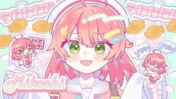 Rule 34 | 1girl, :3, :d, ahoge, blush stickers, character name, chibi, commentary request, food, green eyes, hands up, hat, highres, hololive, jacket, long hair, long sleeves, looking at viewer, notamaru 2, open mouth, outline, pink hair, pink jacket, portrait, sakura miko, sleeves past fingers, sleeves past wrists, smile, taiyaki, translation request, virtual youtuber, wagashi, white hat, white outline