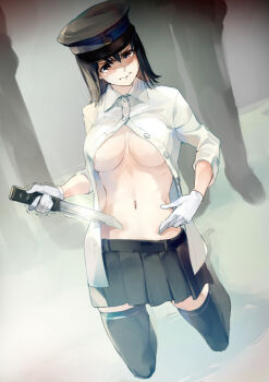 1girl akitsu_maru_(kancolle) black_hair black_skirt black_thighhighs blush breasts collared_shirt commentary gloves hat holding holding_weapon imminent_death imminent_suicide kantai_collection kneeling large_breasts miniskirt onbr partially_unbuttoned peaked_cap pleated_skirt seppuku shirt short_hair short_sword silhouette skirt sleeves_rolled_up solo_focus stomach sword tantou tears thighhighs trembling weapon white_gloves white_shirt