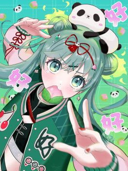 1girl absurdres double_bun earrings egasumi fang flower food food_in_mouth food_print fruit fruit_print green_background green_jacket grid_background hair_between_eyes hair_bun hair_ornament hair_ribbon hao_(vocaloid) hatsune_miku heart highres jacket jewelry long_sleeves looking_at_viewer maarin_(59567861) open_clothes open_jacket open_mouth panda peach red_nails red_ribbon ribbon solo tears twintails vocaloid white_ribbon x_hair_ornament