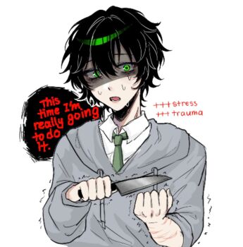 1boy black_hair boo3eebig clenched_hand collared_shirt degrees_of_lewdity english_text green_eyes green_necktie grey_hoodie holding holding_knife hood hoodie knife kylar_(degrees_of_lewdity) kylar_(male)_(degrees_of_lewdity) looking_at_viewer necktie open_mouth scar scar_on_arm shirt short_hair solo sweat upper_body white_shirt