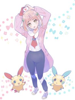 1girl arched_bangs blue_pants blush boronttt brown_eyes cardigan collared_shirt eyelashes gen_3_pokemon gloves hair_ornament hairclip heart heart_hands highres lacey_(pokemon) long_sleeves looking_at_viewer minun neckerchief nintendo open_cardigan open_clothes open_mouth pants pink_cardigan pink_hair plusle pokemon pokemon_(creature) pokemon_sv purple_cardigan red_gloves red_neckerchief shirt short_hair single_glove smile white_shirt yellow_eyes
