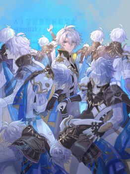 6+boys armor belt black_choker blue_cape blue_eyes cape choker closed_mouth crossed_bangs grey_hair hair_between_eyes highres honkai:_star_rail honkai_(series) looking_at_viewer male_focus multiple_boys multiple_persona neck_tattoo parted_bangs pauldrons phainon_(honkai:_star_rail) short_hair shoulder_armor single_pauldron sitting tanemaki_monaka tattoo two-sided_cape two-sided_fabric watermark yellow_cape