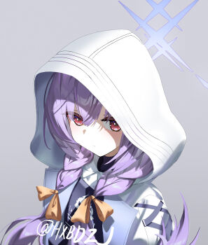 1girl absurdres atsuko_(blue_archive) blue_archive blue_halo bow braid bulletproof_vest closed_mouth hair_between_eyes hair_bow halo highres hood hood_up hxbdzj jacket long_hair looking_at_viewer purple_hair red_eyes shirt solo twin_braids white_jacket white_shirt yellow_bow