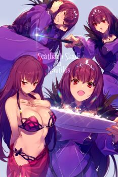 Rule 34 | 1girl, :d, bikini, bracelet, breasts, cleavage, closed eyes, cosplay, dress, echo (circa), fate/grand order, fate (series), feather trim, flower, fur-trimmed dress, fur trim, hair between eyes, hair flower, hair intakes, hair ornament, headpiece, hibiscus, holding, holding wand, jewelry, large breasts, long hair, looking at viewer, lying, multiple views, navel, on side, open mouth, pink bikini, purple bikini, purple dress, purple hair, purple sarong, red eyes, sarong, scathach (fate), scathach (fate/grand order), scathach (swimsuit assassin) (fate), scathach (swimsuit assassin) (fate) (cosplay), scathach skadi (fate), scathach skadi (first ascension) (fate), smile, swimsuit, tiara, tray, wand, wince