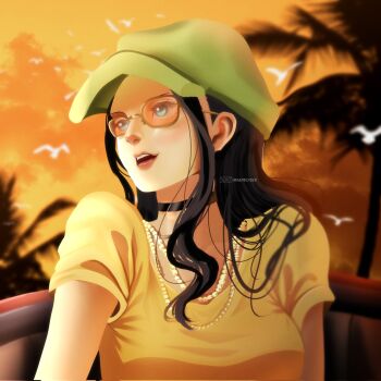 1girl bird black_choker black_hair blue_eyes choker commentary green_hat hat highres iamosix2 instagram_username jewelry long_hair looking_to_the_side necklace nico_robin one_piece pearl_necklace shirt sidelocks smile solo sunglasses sunset t-shirt yellow_shirt