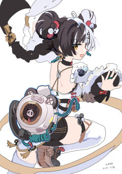 1girl :d absurdres artist_name backless_outfit bare_shoulders black_hair black_shorts breasts chinese_clothes commentary_request criss-cross_back-straps dated detached_sleeves dialyn_(zenless_zone_zero) hair_ornament highres kkkula_(kula) leg_up looking_at_viewer multicolored_hair open_mouth outstretched_arms phone shorts simple_background smile solo split-color_hair thighhighs white_background white_hair white_thighhighs yellow_eyes zenless_zone_zero