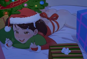 1girl :d ass becky_blackbell black_hair blanket blush bottomless box brown_eyes christmas christmas_tree female_focus gift gift_box hair_ornament hat highres lace loli looking_at_viewer lying okymir on_stomach open_mouth pillow ribbon santa_costume santa_hat smile solo spy_x_family twintails