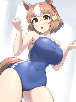 1girl adapted_costume animal_ears belno_light_(umamusume) blue_one-piece_swimsuit breasts brown_hair competition_school_swimsuit covered_navel cowboy_shot hair_ornament highres horse_ears horse_girl horse_tail large_breasts letter_hair_ornament multicolored_hair one-piece_swimsuit pataneet school_swimsuit short_hair solo swimsuit tail tracen_swimsuit two-tone_hair umamusume umamusume:_cinderella_gray w_arms white_hair yellow_eyes