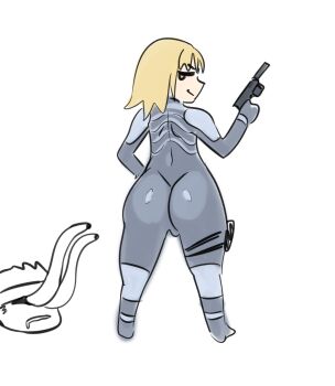 Rule 34 | androgynous, ass, blonde hair, bodysuit, commentary, deformed, english commentary, full body, gun, handgun, highres, holding, holding gun, holding weapon, huge ass, male focus, metal gear (series), metal gear solid 2: sons of liberty, mokotoko9, raiden (metal gear), short hair, simple background, sketch, smile, stalk eyes, weapon, white background