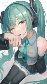 1girl absurdres aqua_eyes aqua_hair aqua_trim arm_tattoo black_shorts boots breasts collared_shirt commentary_request detached_sleeves grey_shirt hair_between_eyes half-closed_eyes hatsune_miku headset highres long_hair long_sleeves looking_at_viewer medium_breasts number_tattoo one_eye_closed shirt short_shorts shorts simple_background sitting sleeveless sleeveless_shirt sleeves_past_wrists solo tadanotarosuke tattoo thigh_boots twintails very_long_hair vocaloid white_background wide_sleeves