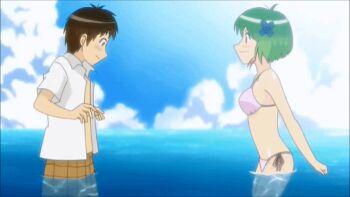 1boy 1girl ^_^ armpits ass back bakadere bare_back bare_hips bare_legs bikini bikini_top closed_eyes couple dating green_hair hair_ornament happy hetero hip_focus hug kenkou_zenrakei_suieibu_umishou legs medium_hair ninagawa_amuro ocean outdoors pink_bikini shirt shorts side-tie_bikini_bottom side-tie_panties smile swimming swimsuit thong thong_bikini wading water white_shirt x_hair_ornament yellow_shirt