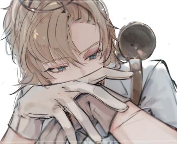 1boy blonde_hair blue_eyes bruise bruised_eye coat covered_mouth gloves hair_between_eyes highres identity_v injury kg66_ttv looking_to_the_side luca_balsa luca_balsa_(paranormal_detective) male_focus official_alternate_costume portrait solo white_background white_coat white_gloves