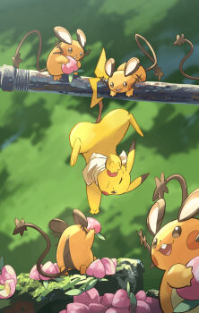 animal_focus bandana bandana_around_neck berry_(pokemon) buck_teeth closed_mouth dedenne food gen_1_pokemon gen_6_pokemon highres holding nintendo no_humans one_eye_closed open_mouth outdoors pecha_berry pikachu pokemon pokemon_(creature) pokemon_focus smile tail teeth upside-down whiskers white_bandana yamaori_(hakkentai_pokedan)
