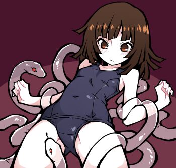 1girl akableak breasts brown_eyes brown_hair highres monogatari_(series) one-piece_swimsuit school_swimsuit sengoku_nadeko small_breasts snake swimsuit