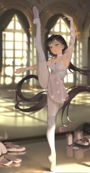 1girl arm_up armpits asha_(bangsom) ballerina ballet ballet_class_clothes ballet_slippers bangsom breasts bridal_sleeves brown_eyes brown_hair dress en_pointe highres indoors leg_up leotard leotard_peek long_hair original shoes solo split standing standing_on_one_leg standing_split sweat sweatdrop tutu upskirt very_long_hair white_dress white_leotard wrap_skirt