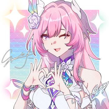 Rule 34 | 1girl, ;o, absurdres, bare shoulders, border, breasts, chinese commentary, commentary request, commission, cyrene (honkai: star rail), cyrene (ripples of past reverie) (honkai: star rail), diamond-shaped pupils, diamond (shape), dress, flower, four-finger heart hands, ganjing de dongwuyuan 114514, hair flower, hair ornament, heart, heart hands, highres, honkai: star rail, honkai (series), large breasts, long hair, looking at viewer, multicolored hair, one eye closed, pink hair, pointy ears, purple eyes, sample watermark, smile, solo, symbol-shaped pupils, two-tone background, two-tone hair, upper body, very long hair, watermark, white border, white dress, white hair