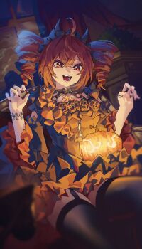 1girl :d absurdres ahoge black_dress black_hairband black_sleeves black_thighhighs bracelet claw_pose detached_sleeves dress drill_hair fangs fingernails flower fr-ee-dom frilled_hairband frills garter_straps glowing hair_between_eyes hairband hashtag-only_commentary highres horns jewelry kasane_teto kasane_teto_(halloween) multiple_rings nail_polish open_mouth pumpkin red_eyes red_hair red_nails ring sitting smile solo teeth thighhighs tongue twin_drills utau