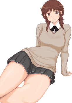1girl amagami arm_support black_bow black_bowtie bow bowtie brown_eyes brown_hair closed_mouth collared_shirt commentary_request grey_skirt grey_sweater highres invisible_chair kibito_high_school_uniform looking_at_viewer medium_hair miniskirt pleated_skirt sakurai_rihoko school_uniform shirt simple_background sitting skirt solo sweater takemi_kaoru thigh_focus thighs white_background white_shirt