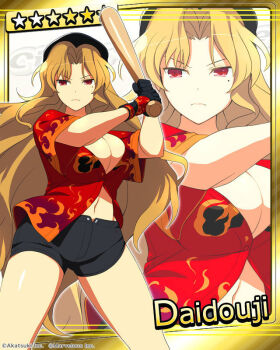 1girl baseball baseball_bat baseball_cap baseball_stadium batting_stance black_shorts blonde_hair border breasts card_(medium) character_background character_name cleavage closed_mouth copyright_name daidouji_(senran_kagura) english_text flame_print hat holding holding_baseball_bat large_breasts light_frown long_hair marvelous mole mole_under_eye navel official_art parted_bangs partially_unbuttoned playing_sports red_eyes red_shirt senran_kagura senran_kagura_new_wave senran_kagura_shoujo-tachi_no_shin'ei shirt short_shorts shorts solo wavy_mouth