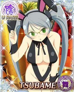 1girl :o animal_ear_hairband animal_ears arm_up black_wrist_cuffs border breasts card_(medium) character_name cleavage detached_collar fake_animal_ears game_cg green_eyes grey_hair groin hairband hand_on_own_thigh highleg large_breasts leaning_forward long_hair looking_at_viewer navel official_art playboy_bunny rabbit_ear_hairband rabbit_ears senran_kagura senran_kagura_new_wave solo swept_bangs third-party_source tsubame_(senran_kagura) twintails very_long_hair wrist_cuffs yellow-framed_eyewear