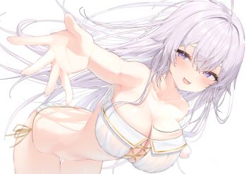 1girl ahoge armpits bare_arms bare_shoulders bent_over bikini breasts cleavage commentary highres indie_virtual_youtuber large_breasts long_hair looking_at_viewer nen_0405 open_mouth outstretched_arm purple_eyes side-tie_bikini_bottom simple_background skindentation smile solo strapless strapless_bikini string_bikini swimsuit theanya thigh_gap thighs very_long_hair virtual_youtuber white_background white_bikini white_hair