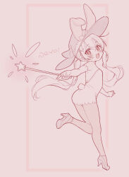 Rule 34 | 1girl, :d, animal ears, backless dress, backless outfit, blush, brown background, commentary, copyright request, dress, ears through headwear, full body, hair between eyes, hair ornament, hat, heart, heart hair ornament, high heels, highres, holding, holding wand, jigatei (omijin), long hair, low twintails, monochrome, open mouth, pantyhose, rabbit ears, rabbit girl, rabbit tail, romaji text, shoe soles, shoes, simple background, smile, solo, standing, standing on one leg, star (symbol), strapless, strapless dress, symbol-only commentary, tail, twintails, very long hair, wand, witch hat