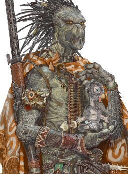 Rule 34 | 2boys, ammunition, armlet, baby, beak, blue eyes, carrying, carrying baby, carrying person, claws, gun, gun sling, highres, jewelry, knife, knife sheath, kroot, mossacannibalis, multiple boys, necklace, poncho, rifle, sheath, single bracer, warhammer 40k, weapon, yellow eyes