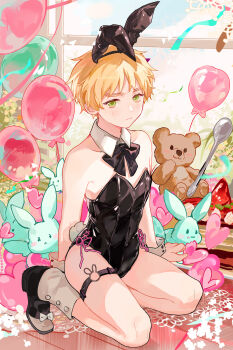 1boy absurdres animal_ears axis_powers_hetalia balloon black_leotard blonde_hair blush chinese_commentary commentary_request creature crossdressing crossdressing_(mtf) cubed_(houkuaid) day detached_collar fake_animal_ears fake_tail full_body green_eyes heart highres indoors kneeling leotard looking_at_viewer male_focus male_playboy_bunny o-ring o-ring_thigh_strap rabbit_ears rabbit_tail shoes short_hair solo strapless strapless_leotard stuffed_animal stuffed_toy tail teddy_bear thick_eyebrows thigh_strap united_kingdom_(hetalia) window wrist_cuffs