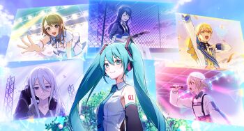 1boy 5girls akabino aqua_eyes aqua_hair aqua_necktie aqua_trim arm_tattoo arm_up azusawa_kohane blonde_hair breasts brown_eyes brown_hair closed_eyes closed_mouth collared_shirt commentary_request detached_sleeves guitar hair_between_eyes hair_ornament hanasato_minori hat hatsune_miku headphones headset highres holding holding_guitar holding_instrument holding_microphone hoshino_ichika_(project_sekai) instrument long_hair long_sleeves medium_breasts microphone multiple_girls necktie number_tattoo open_mouth project_sekai shirt smile tattoo tenma_tsukasa tie_clip twintails upper_body very_long_hair vocaloid white_hat white_shirt yoisaki_kanade