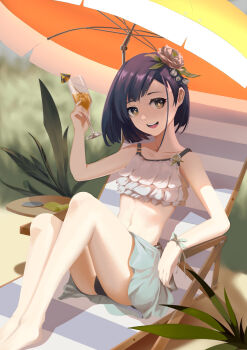 1girl :d absurdres armrest asymmetrical_hair bare_shoulders barefoot beach beach_umbrella bikini bikini_skirt blue_bikini blue_flower blue_hair blue_ribbon blurry blurry_background bob_cut bright_pupils chair champagne_flute cocktail_umbrella collarbone commentary cup darling_in_the_franxx depth_of_field drink drinking_glass english_commentary flower foliage frilled_bikini frills full_body glass grass green_eyes hair_flower hair_ornament hakoyoo hand_up highres holding holding_cup holding_drink ichigo_(darling_in_the_franxx) knees_up leaning_back looking_at_viewer looking_to_the_side lounge_chair midriff multicolored_bikini navel on_chair open_mouth outdoors ribbon short_hair sitting smile solo swimsuit table teeth two-tone_bikini umbrella upper_teeth_only white_bikini white_flower white_pupils wrist_ribbon