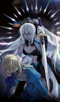 Rule 34 | 2girls, absurdres, ara 200117, armor, artoria pendragon (fate), black dress, blue dress, breasts, cleavage, commentary request, commission, dress, excalibur (fate/stay night), fate/grand order, fate (series), gauntlets, halo, hand on another's head, highres, holding, holding sword, holding weapon, korean commentary, long sleeves, looking at viewer, morgan le fay (fate), multiple girls, ponytail, saber (fate), smile, sword, weapon, yuri