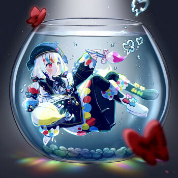 1girl air_bubble artist_painter asymmetrical_footwear beret black_boots black_jacket black_skirt boots bow bubble bug butterfly commentary_request fish_tank grey_background hat heterochromia highres holding holding_brush insect jacket jogasaki_noah long_hair long_sleeves mahou_shoujo_no_majo_saiban mismatched_footwear multi-tied_hair multicolored_hair neck_ribbon paintbrush pe_cippe polka_dot polka_dot_bow red_butterfly red_eyes ribbon skirt solo streaked_hair submerged water white_boots white_hair yellow_eyes