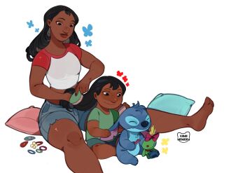 2girls artist_name barefoot black_hair blue_shorts brushing_another&#039;s_hair brushing_hair dark-skinned_female dark_skin green_shirt highres kamii_momoru lilo_&amp;_stitch lilo_pelekai long_hair multiple_girls nani_pelekai pillow red_sleeves shirt short_shorts short_sleeves shorts siblings simple_background sisters sitting stitch_(lilo_&amp;_stitch) white_background white_shirt