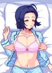 1boy 1girl animated blue_hair bra breasts breasts_squeezed_together closed_eyes cum cum_on_body cum_on_breasts cum_on_hair cum_on_upper_body disembodied_penis facial grabbing_another's_breast groping hetero hothot148 idolmaster large_breasts licking_lips lube lube_bottle lying miura_azusa naughty_face navel nipples on_back on_bed paizuri pajamas penis pink_bra short_hair sleep_molestation sleeping sleepwear smile straddling straddling_paizuri tongue tongue_out underwear video