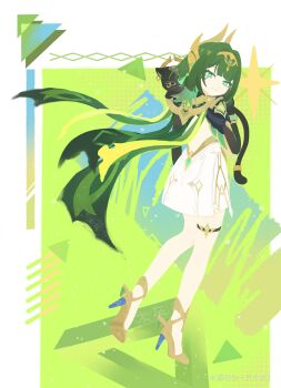 1girl absurdres chinese_commentary closed_mouth commentary_request dress facial_tattoo full_body genshin_impact green_eyes green_hair hair_ornament high_heels highres long_hair looking_at_viewer looking_back miyoushe_watermark mole mole_under_eye nefer_(genshin_impact) smile solo tattoo thigh_strap watermark white_dress yizhi_xiaomuhui