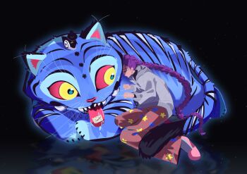 1girl absurdres braid braided_ponytail chogwa41 closed_eyes curled_up derpy_(kpop_demon_hunters) gat_(hat) hashtag-only_commentary hat highres kpop_demon_hunters pajamas purple_hair reflection rumi_(kpop_demon_hunters) sharp_teeth sussie_(kpop_demon_hunters) teeth tiger tissue_box tongue tongue_out turtleneck whiskers