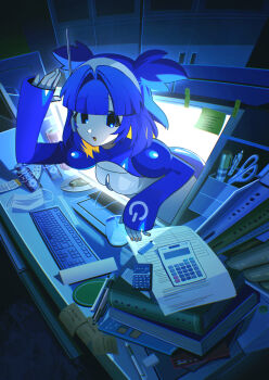 1girl absurdres blue_eyes blue_hair blue_shrug blunt_bangs book calculator colored_inner_hair colored_tongue commentary computer computer_keyboard computer_mouse desk dress earpiece english_commentary fake_transparency hair_intakes hairband highres indoors juliet_sleeves long_sleeves mask monitor mouth_mask multicolored_hair nail_polish office open_mouth orange_hair orange_nails orange_tongue original pen puffy_sleeves scissors short_hair shrug_(clothing) sleeveless sleeveless_dress solo sticky_note through_medium through_screen two_side_up valve_core white_dress white_hairband