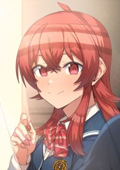 1girl 1other bow bowtie closed_mouth erere fingernails from_side hand_up holding holding_marker idolmaster idolmaster_shiny_colors komiya_kaho long_hair looking_at_viewer looking_to_the_side marker out_of_frame portrait red_bow red_bowtie red_eyes red_hair school_uniform smile solo_focus striped_bow striped_bowtie striped_clothes