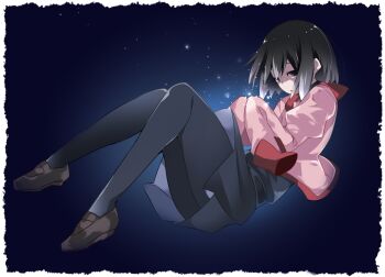 1girl black_background black_eyes black_hair black_pantyhose black_shirt black_skirt blue_background bob_cut border brown_shoes commentary_request empty_eyes floating floating_hair full_body glowing gradient_background hammer_(sunset_beach) juliet_sleeves light_particles loafers long_sleeves loose_hair_strand monogatari_(series) naoetsu_high_school_uniform oshino_ougi pale_skin pantyhose parted_lips pink_shirt puffy_sleeves red_trim school_uniform shaded_face shirt shoes short_hair skirt sleeves_past_fingers sleeves_past_wrists solo turtleneck very_long_sleeves white_border