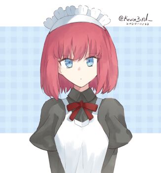 1girl artist_name blue_background blue_eyes closed_mouth dated hashtag-only_commentary highres hisui_(tsukihime) kevin3rd looking_at_viewer maid maid_headdress medium_hair plaid_background puffy_sleeves red_hair red_ribbon ribbon solo straight-on tsukihime twitter_username upper_body white_background