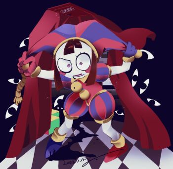 1girl asymmetrical_eyelashes asymmetrical_gloves blush_stickers colored_skin commentary_request constricted_pupils curtains dated disembodied_eye exit_sign gloves hat hat_bell jester jester_cap jester_costume lower_teeth_only mismatched_gloves mismatched_shoes multicolored_eyes multicolored_hat open_mouth pomni_(the_amazing_digital_circus) puffy_short_sleeves puffy_shorts puffy_sleeves pulling_own_clothes short_sleeves shorts sidelocks solo stage_curtains striped_clothes striped_headwear teeth the_amazing_digital_circus two-tone_eyes uno_uno vertical-striped_clothes vertical-striped_headwear white_skin yellow_collar